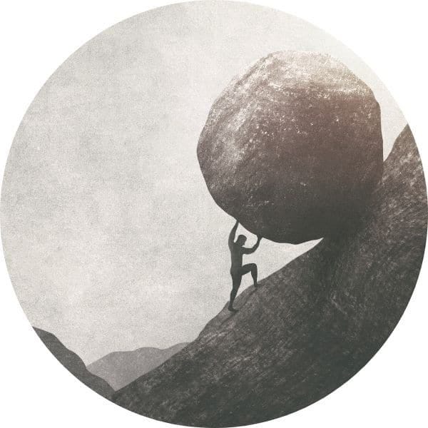 Sisyphus pushing his boulder